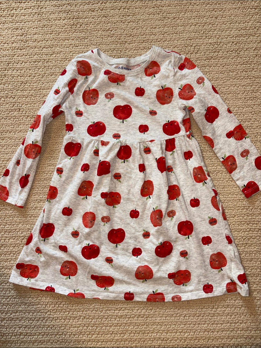 Old Navy Red Apple-Print Long Sleeve Girls Dress Gray 5t excellent